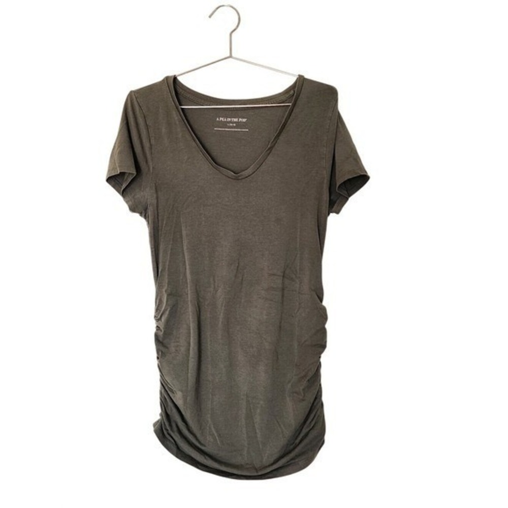 A Pea in the Pod T-Shirt Women Large Olive Green Maternity Ruched V-Neck Basic